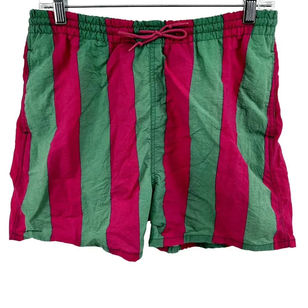 Vintage Gap Striped Swim Shorts 90s Drawstring Pocket Y2K Retro Pink Green XS